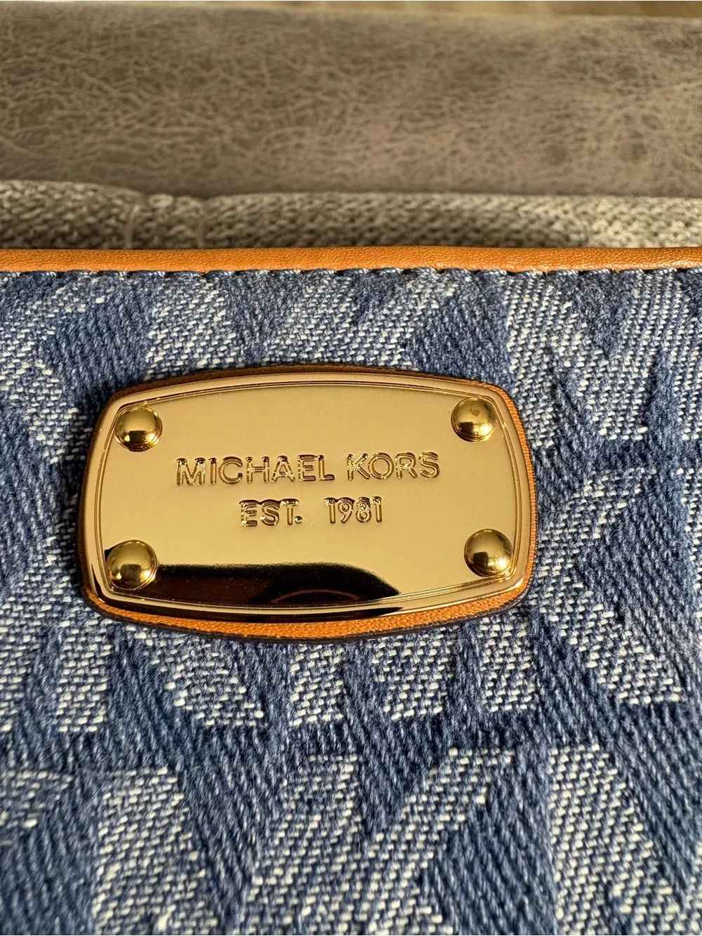 Michael Kors Blue Jean Signature Wristlet with Tan Trim and Gold Plate